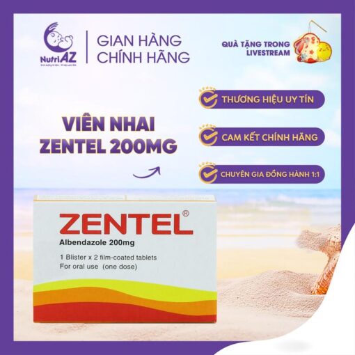 Viên Nhai Zentel 200MG Trị Giun Sán (1 vỉ x 2 viên)