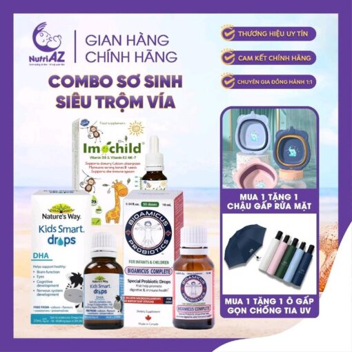 [COMBO MẸ ĐẸP CON KHỎE] BỘ SẢN PHẨM MẦM ĐẬU NÀNH FIRI, D3K2 IMOCHILD, KẼM SMART ZINC, 2 MEN AZ48, 1 BỘ DẦU NUTRIAZ BỔ SUNG VI CHẤT CHO MẸ VÀ BÉ