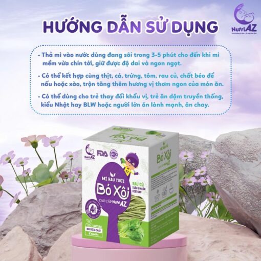 Mì Ăn Dặm Bó Xôi NutriAZ Rau Tươi Cho Bé Ăn Dặm Từ 6 Tháng Bổ Sung Vitamin, Canxi Và Chất Xơ, 120g.