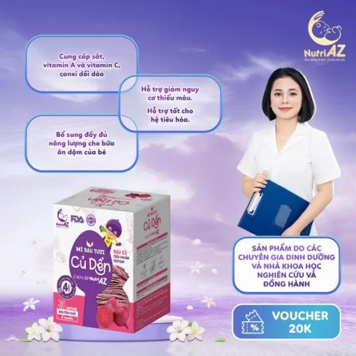 Mì Ăn Dăm Củ Dền NutriAZ Rau Tươi Cho Bé Ăn Dặm Từ 6 Tháng Bổ Sung Vitamin, Canxi Và Chất Xơ, 120g.