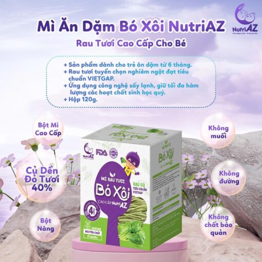 Mì Ăn Dặm Bó Xôi NutriAZ Rau Tươi Cho Bé Ăn Dặm Từ 6 Tháng Bổ Sung Vitamin, Canxi Và Chất Xơ, 120g.